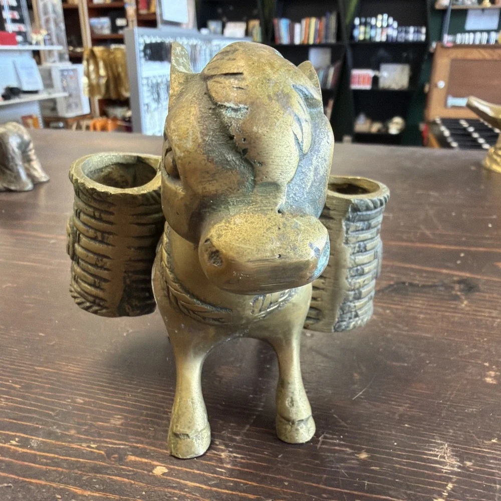 Brass Donkey Salt and Pepper with two hanging baskets